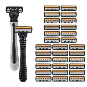 3-layer Manual Classic Razor Men Replacement Blade Shaver Shaving Safety Razor Facial Care Shaving Blades (Color: 2 handle  30 blades)