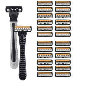 3-layer Manual Classic Razor Men Replacement Blade Shaver Shaving Safety Razor Facial Care Shaving Blades (Color: 2 handle  24 blades)