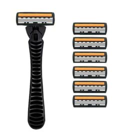 3-layer Manual Classic Razor Men Replacement Blade Shaver Shaving Safety Razor Facial Care Shaving Blades (Color: 1 handle  6 blades)