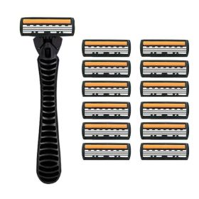 3-layer Manual Classic Razor Men Replacement Blade Shaver Shaving Safety Razor Facial Care Shaving Blades (Color: 1 handle  12 blades)