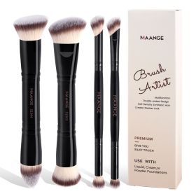 MAANGE 4pcs Basic Makeup Brushes Set With Box Dual-ended Foundations Powder Blush Details for Eyeshadow Brushes Beginner Travel (Handle Color: Black Beige)