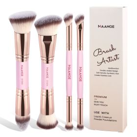 MAANGE 4pcs Basic Makeup Brushes Set With Box Dual-ended Foundations Powder Blush Details for Eyeshadow Brushes Beginner Travel (Handle Color: Pink)