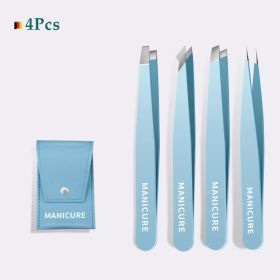 4Pcs High-Quality Eyebrow Tweezer Colorful Hair Beauty Fine Hairs Puller Stainless Steel Slanted Brow Clips Removal Makeup Tools (Color: Blue 4 in 1)